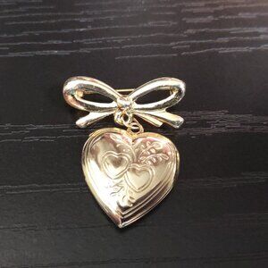 Vintage Bow Heart Dangle Locket Pin Brooch Small Gold Tone